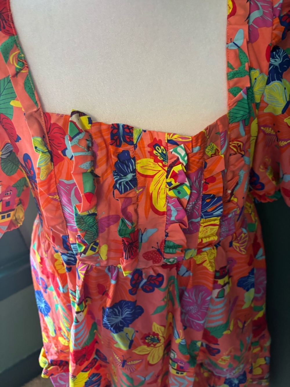 Disney Encanto Coral Tropical Floral Dress with Purple Sleeve Detail - Picture 5 of 7